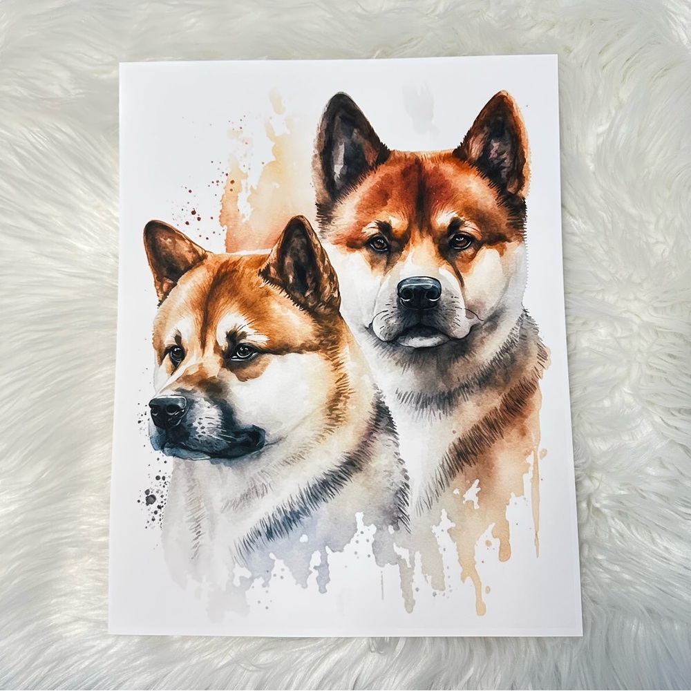 Watercolor American Akita Dogs Portrait Wall Art Illustration Print Unframed - Picture 5 of 10